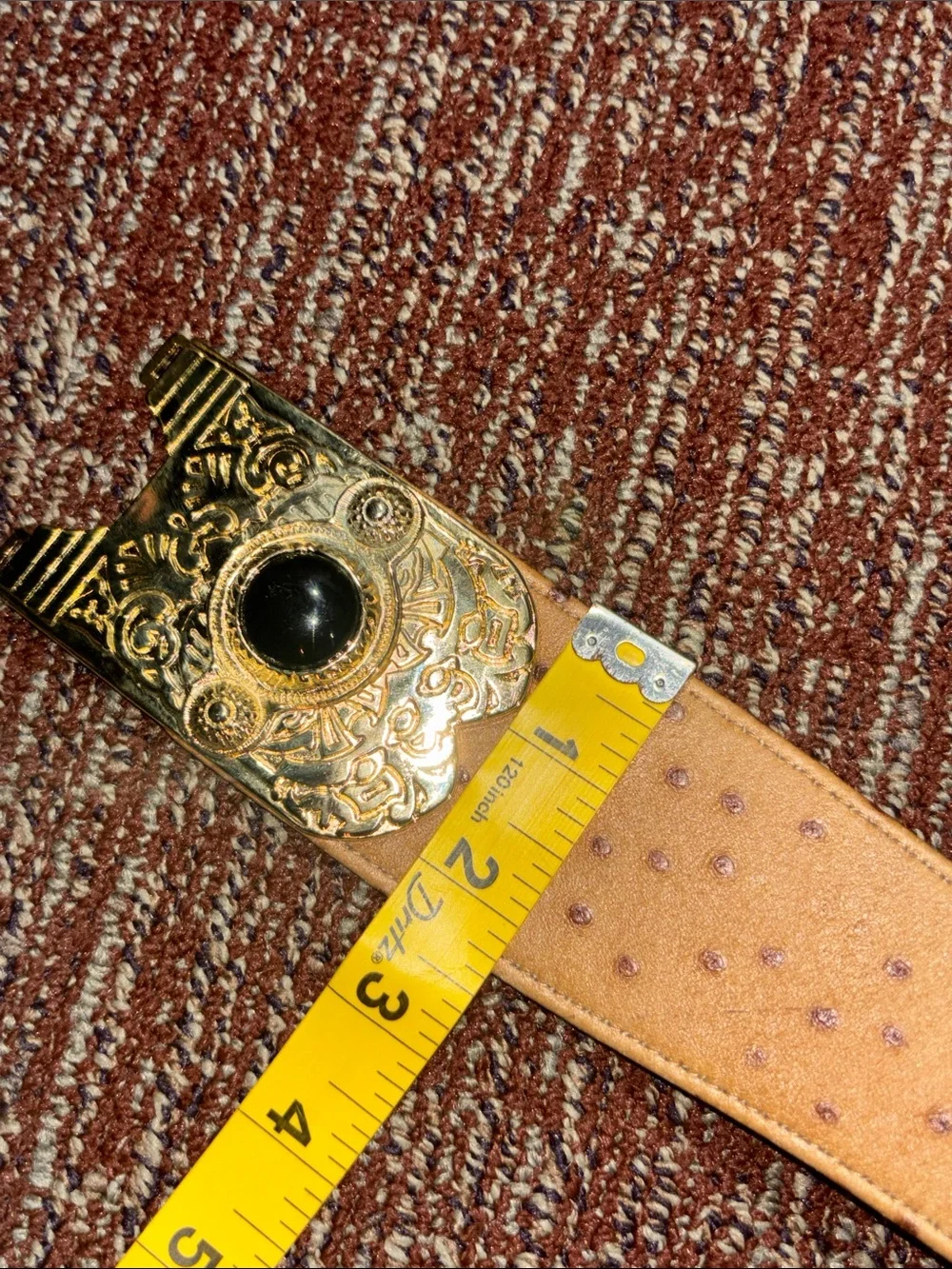 Vintage maximalist belt faux ostrich gold tone gladiator buckle leather belt
